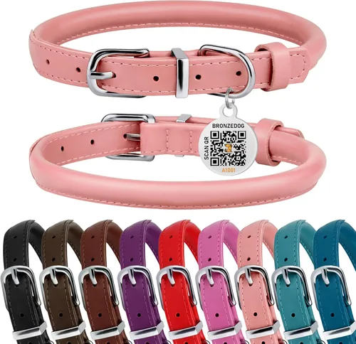 Miniatura 13 de BRONZEDOG Collar de perro de cuero enrollado para perros pequeños, medianos y grandes con etiqueta de identificación QR (ciruela, XS: 9-11 pulgadas)