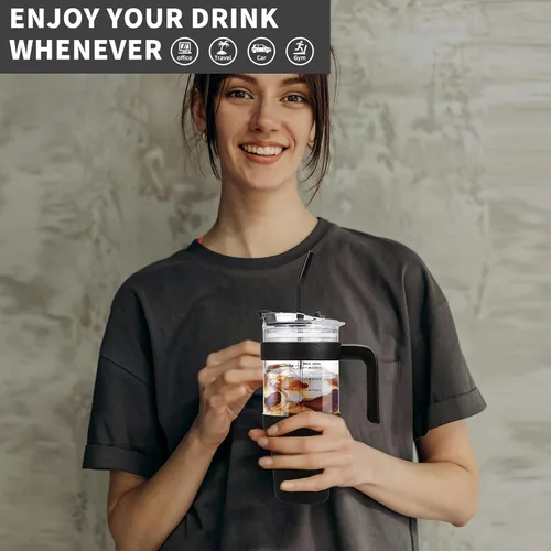 Miniatura 6 de chunmo Vaso de vidrio de 40 onzas con 2 tapas, tapa de popote de bambú y tapa para popote 2 en 1 para sorber y voltear, taza de café helado con asa