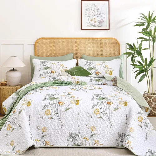 Miniatura 12 de WONGS BEDDING Juego de edredón floral verde azulado, tamaño Queen, juego de colcha de 3 piezas con patrón de plantas botánicas con 2 fundas