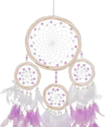 Miniatura 2 de Atrapasueños grandes de ratán, pluma de gallo morado claro con perla de lujo, multianillo, atrapasueños hecho a mano para dormitorio, atrapasueños