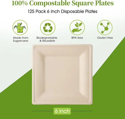 Miniatura 2 de ECOLipak Paquete de 125 Platos de Papel Cuadrados Compostables de 6 Pulgadas Desechables, Platos de Caña de Azúcar Biodegradables Ecológicos de Alta