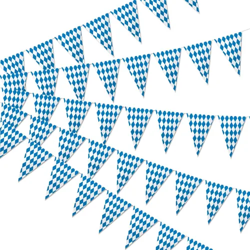 Bandera de banderín de Oktoberfest de 150 pies – 5 paquetes de doble cara Oktoberfest bávara fiesta bávara banderas decorativas a cuadros azules y