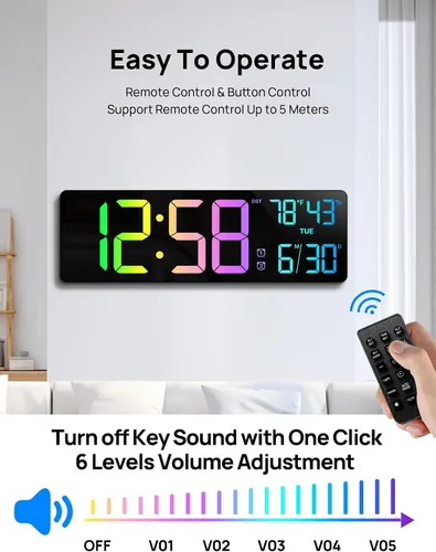 Miniatura 8 de Reloj de Pared Digital Grande de 18.5" con Control Remoto, Relojes Digitales con Pantalla LED Grande con Luz Nocturna, Alarma, Cuenta Regresiva