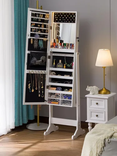 Miniatura 2 de LUXFURNI Armario de joyería con luz LED, espejo de pie, organizador de almacenamiento grande con cerradura y cajones (blanco)