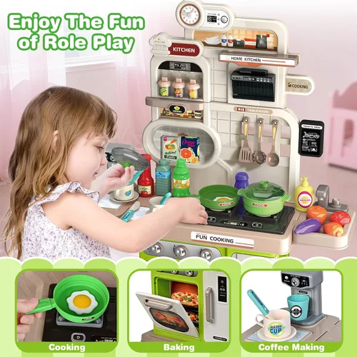 Miniatura 5 de Juego de cocina, juego de cocina para niños con sonido y luz realista, estufa de cocina, fregadero, comida de juego y accesorios, 57 piezas de Verde