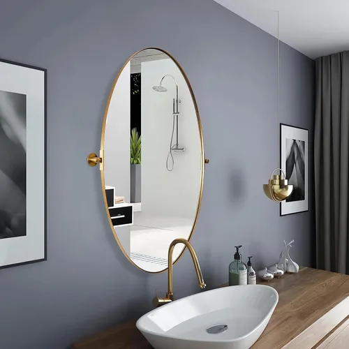Miniatura 11 de MOON MIRROR Espejo de pivote ovalado dorado, espejo de tocador de baño de latón cepillado, espejo inclinable ovalado con marco fino de acero