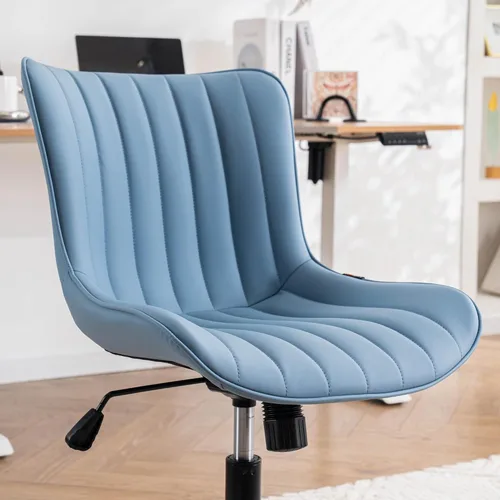 Miniatura 6 de YOUNIKE Silla de escritorio azul para oficina en casa con ruedas, silla cómoda sin brazos con respaldo, silla moderna pequeña de cuero tapizado