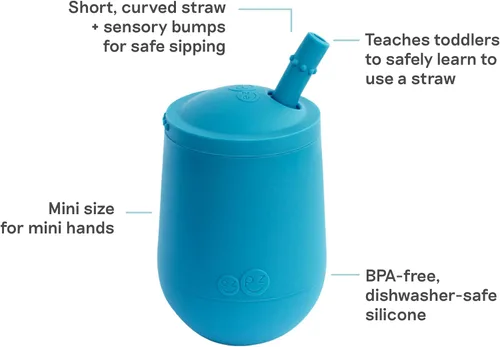 Miniatura 2 de ezpz Taza Mini + Sistema de Entrenamiento con Pajita (Azul) - 9 Meses+ - Taza de Entrenamiento 100% de Silicona para Bebés + Niños Pequeños