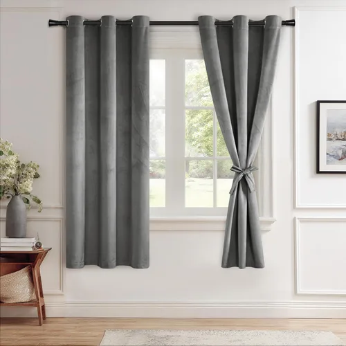 JIUZHEN - Cortinas de terciopelo gris de 63 pulgadas opacas para sala de estar - Cortinas gruesas de terciopelo con ojales para ventana de