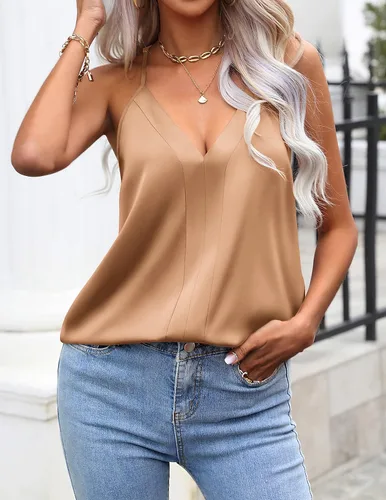Miniatura 2 de Ekouaer Camisola de satén para mujer, cuello en V, lencería de seda, sin mangas, tirantes delgados, blusa casual con espalda cruzada