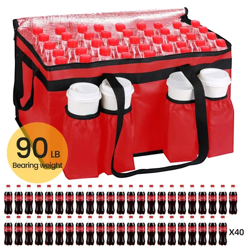 Miniatura 4 de musbus Bolsa aislada para entrega de alimentos con portavasos/portadores de bebidas Premium XXL, ideal para bebidas, comestibles, pizza, calidad Rojo