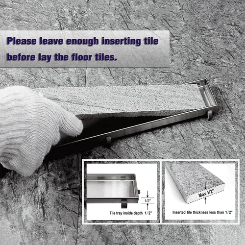 Miniatura 3 de Neodrain Drenaje de ducha lineal de 18 pulgadas con rejilla de inserción de azulejos, desagüe de suelo de ducha rectangular de acero inoxidable