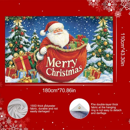 Miniatura 3 de HOMETITUTE Cartel de Feliz Navidad de Papá Noel de 71 x 43 pulgadas, telón de fondo navideño con bolsa de regalo y árbol de Navidad para interiores