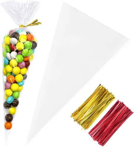 Bolsas de celofán de cono, 5 x 10 pulgadas, 200 bolsas de plástico para palomitas de maíz para fiestas, bolsas transparentes en forma de cono con