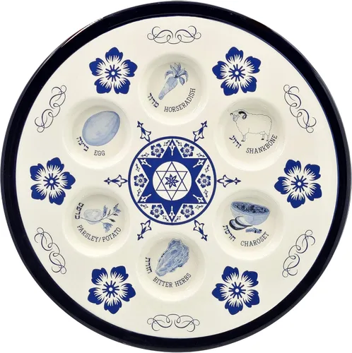 Miniatura 4 de The Dreidel Company Placa de cerámica Seder con diseño renacentista para Pascua, 12 pulgadas de diámetro, color azul (diseño renacentista)