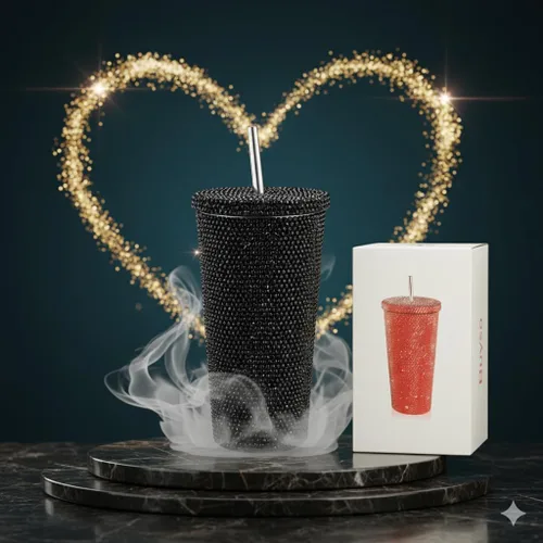 Miniatura 5 de Vaso térmico con diamantes de imitación con tapa, reutilizable, aislado, de acero inoxidable de alta calidad, botella de agua estética de primera