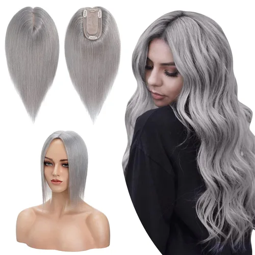 Miniatura 30 de Hairro Toppers de cabello humano 100% real para mujeres sin flequillo, postizos de cabello real con clip, base de seda transpirable para cubrir