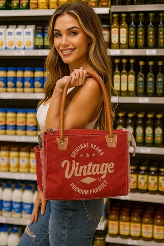 Miniatura 3 de Bolso de lona para mujer, bolso de hombro con asas de cuero, bolso de playa, bolso, viajes y uso diario (estampado vintage, rojo, 13 x 10 pulgadas)