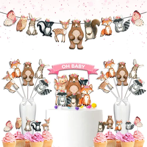 Juego de decoración de baby shower del bosque – Suministros de fiesta de animales del bosque rústico con decoración para tartas "Oh Baby", pancarta,