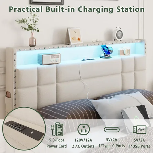 Miniatura 7 de OURPIC Base de cama Queen con 4 cajones de almacenamiento y cabecero, base de cama tapizada tamaño Queen con estación de carga y luces LED,