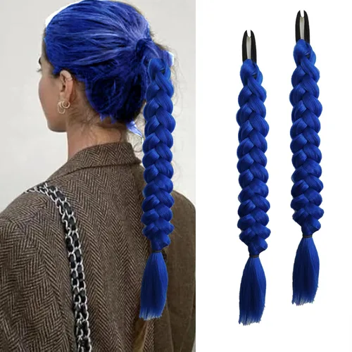 Miniatura 25 de 2 paquetes de 16 pulgadas de extensión de cola de caballo trenzada larga negra para mujeres negras con banda elástica, trenzado recto, extensiones