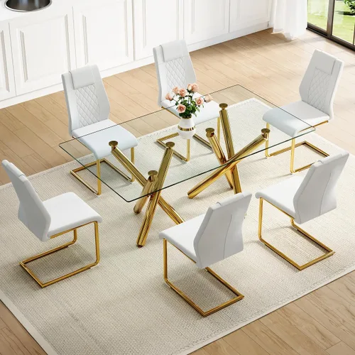 Miniatura 7 de Juego de mesa de comedor de cristal para 6,71 pulgadas, mesa de comedor para 6, mesa de cocina rectangular grande de vidrio templado y 6 sillas