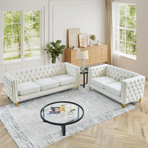 Miniatura 7 de JEEOHEY Juego de Sofás Chesterfield de 2, Sofá Moderno de Terciopelo con Capitoné y Ribete de Tachuelas, Sofá Tapizado de Asiento Profundo, Sofá