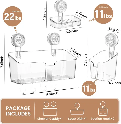 Miniatura 2 de LUXEAR Organizador de ducha con ventosa transparente – organizador de ducha + jabonera+soporte para cepillo de dientes – 1 segundo instalación sin