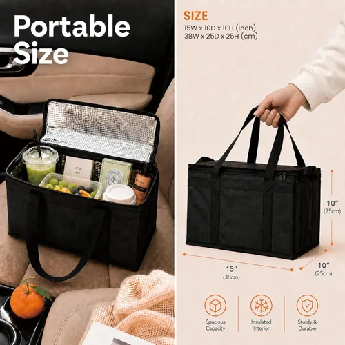 Miniatura 81 de NZ home Bolsa térmica XXL aislada y calentador de alimentos para entrega y compras de comestibles con parte superior con cremallera, color negro