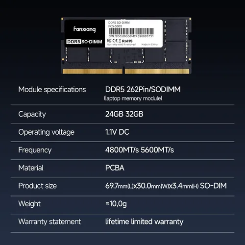 Miniatura 7 de fanxiang SODIMM DDR5 4800 MHz RAM 64 GB Kit (2 x 32 GB), CL40 1.1V SODIMM 262 Pin Módulo de memoria para portátil, memoria para un mejor rendimiento