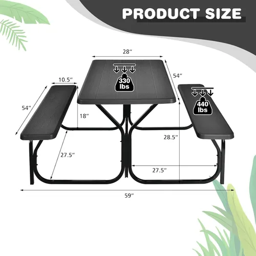 Miniatura 2 de HAPPYGRILL Juego de mesa de picnic al aire libre con marco de metal y superficie resistente a todas las condiciones climáticas, juego de mesa