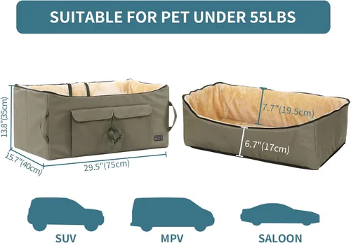 Miniatura 3 de Asiento elevador Petsfit para 2 perros pequeños o perro mediano de hasta 55 lbs, asiento grande de coche para perros con 2 bolsillos grandes