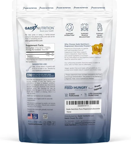 Miniatura 2 de Gade Nutrition - Polvo puro de gluconato de magnesio 17.76 onzas, 0.06 onzas por porción, 357 porciones Sin OMG, sin gluten, sin relleno