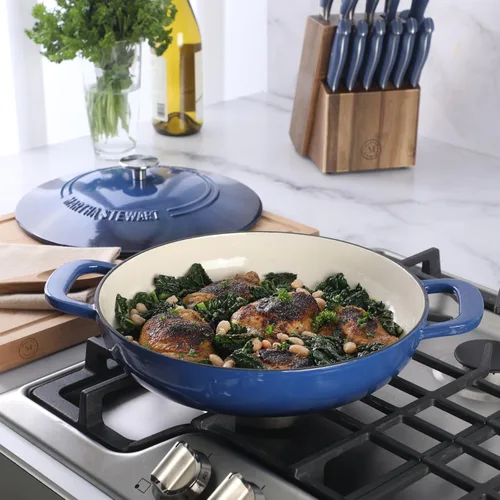 Miniatura 2 de Martha Stewart Gatwick Enameled Cast Iron Braiser with Lid, 3.5-Quart Braiser Pan for Stovetop & Oven, Cast Iron Braising Pan, Blue