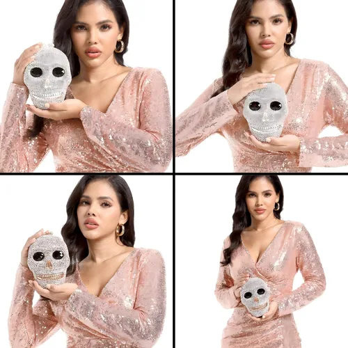 Miniatura 2 de Boutique De FGG Bolso de mano de cristal de calavera para mujer, bolso de mano de noche con diamantes de imitación, para fiesta, graduación