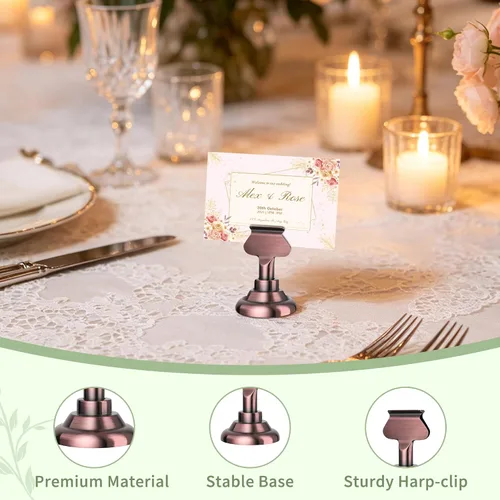 Miniatura 3 de Urban Deco Paquete de 16 soportes para tarjetas de número y lugar de mesa, soportes de acero de 1.7 pulgadas para fotos, letreros de alimentos, Cobre