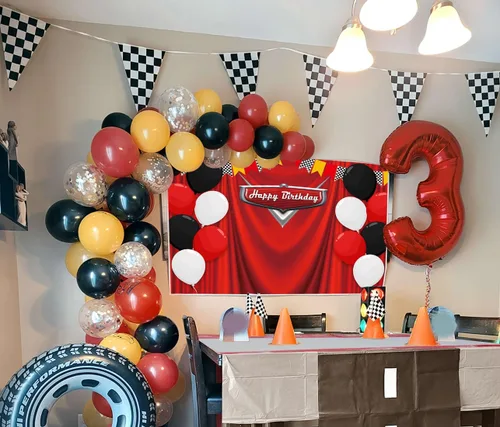 Miniatura 8 de Telón de fondo de cumpleaños de 7 x 5 pies, bandera de carreras, fondo rojo para fotografía, temática de carreras, decoración de fiesta