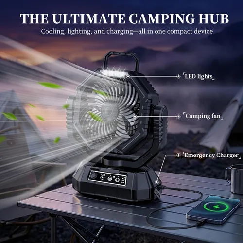 Miniatura 2 de AJVV Ventilador de camping con luz, control remoto y oscilación, ventilador colgante de tienda de campaña a batería, recargable portátil