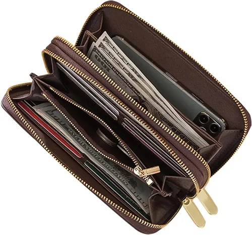 Miniatura 2 de Veki Billetera para mujer con doble cremallera y correa para la muñeca, monedero de cuero para tarjetas de crédito para mujeres y hombres, Negro A