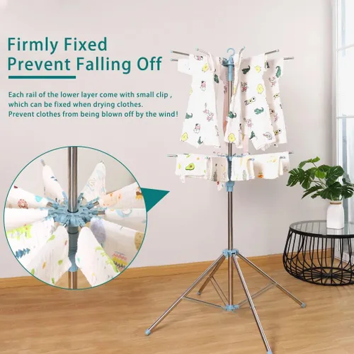 Miniatura 6 de Hershii Estante de secado de ropa plegable de 2 niveles para interiores y exteriores, soporte plegable para colgar ropa, ahorro de espacio