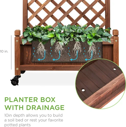 Miniatura 3 de Best Choice Products - Caja de plantación de madera de 48 pulgadas con enrejado de diamante, cama de jardín elevada móvil para plantas trepadoras