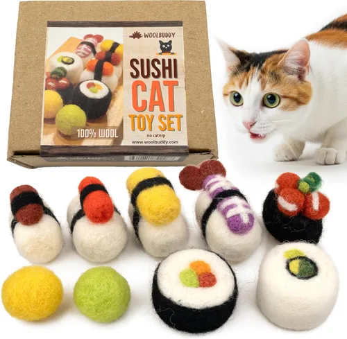 Woolbuddy Juego de juguetes de sushi para gatos, juguetes interactivos de fieltro de lana para gatos y gatitos de interior, sin hierba gatera,