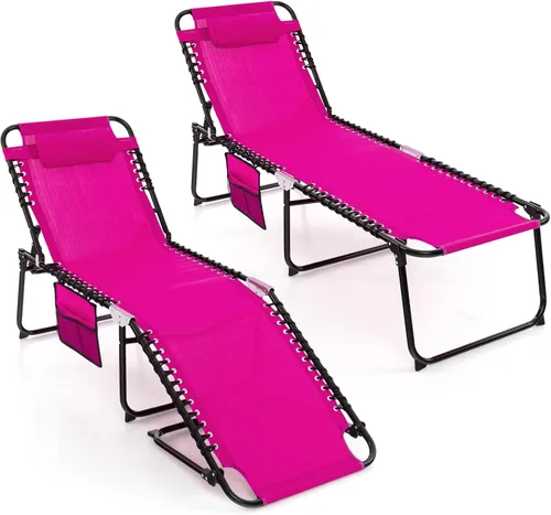 Miniatura 22 de Goplus Tumbona para exteriores, silla de playa plegable extragrande de 5 posiciones con almohada desmontable, bolsillo lateral, silla de bronceado