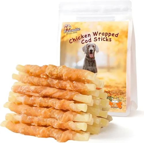 Pawmate Dog Treats - Palitos de bacalao envueltos en pollo, golosinas naturales de bacalao de pollo rico en omega-3, golosinas masticables de