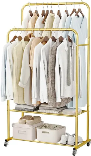 Miniatura 10 de SUOERNUO Perchero con ruedas para ropa, estante para colgar ropa resistente, estante metálico enrollable para dormitorio, armario (Negro)