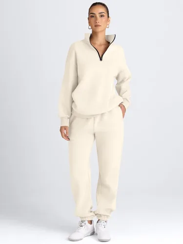 Miniatura 2 de AUTOMET Conjunto deportivo de 2 piezas para mujer, manga larga, media cremallera y pantalones deportivos holgados con bolsillos