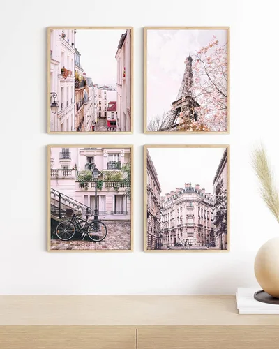 Miniatura 5 de HAUS AND HUES París - Juego de 4 pósteres de pared (rosa, 11 x 14), marco beige, decoración de dormitorio para niñas