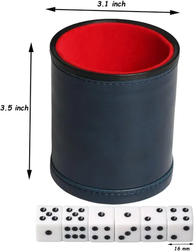 Miniatura 2 de Juego de Taza de Dados de Cuero Sintético Azul con 6 Dados Forro de Felpa Silencioso al Sacudir para Jugar Dados Mentirosos, Farkle, Yahtzee
