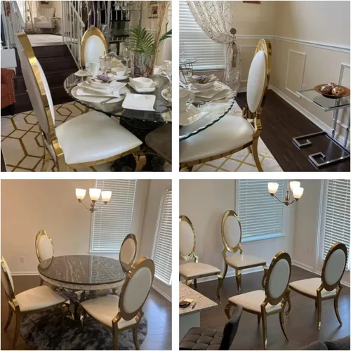 Miniatura 6 de ACEDÉCOR Sillas de comedor blancas y doradas, modernas sillas de piel sintética blanca, magnífica silla ovalada con respaldo de acero inoxidable