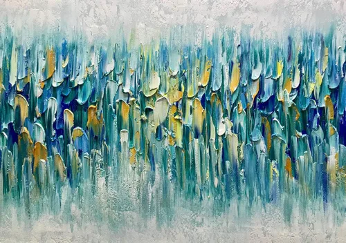 Miniatura 5 de AMEI Arte, 24 x 60 pulgadas, grande, pintado a mano, abstracto, texturizado, dorado, azul, pinturas acrílicas, arte de pared multicolor, estirado